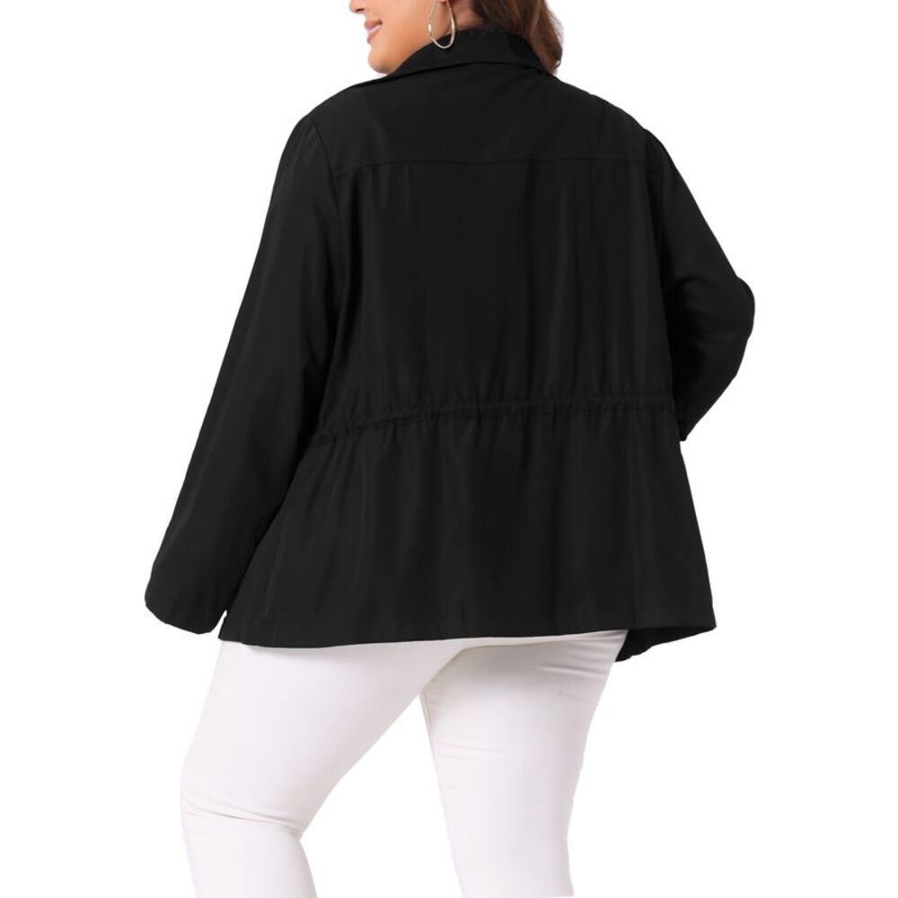 Plus Size Lapel Zipper Front Drawstring Waist Moto Jacket Black - Picture 4 of 6